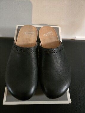 Dansko Black Leather Laser-Cut Slip-On Clogs
